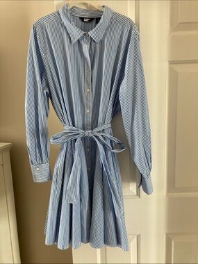 Lands' End Poplin Blue and White Striped Long Sleeve Shirt Dress with Waist Tie